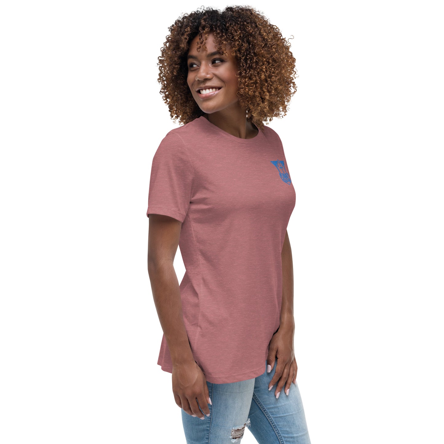 Women's Relaxed T-Shirt with Aqua Teal Embroidered Soldier of Christ Emblem