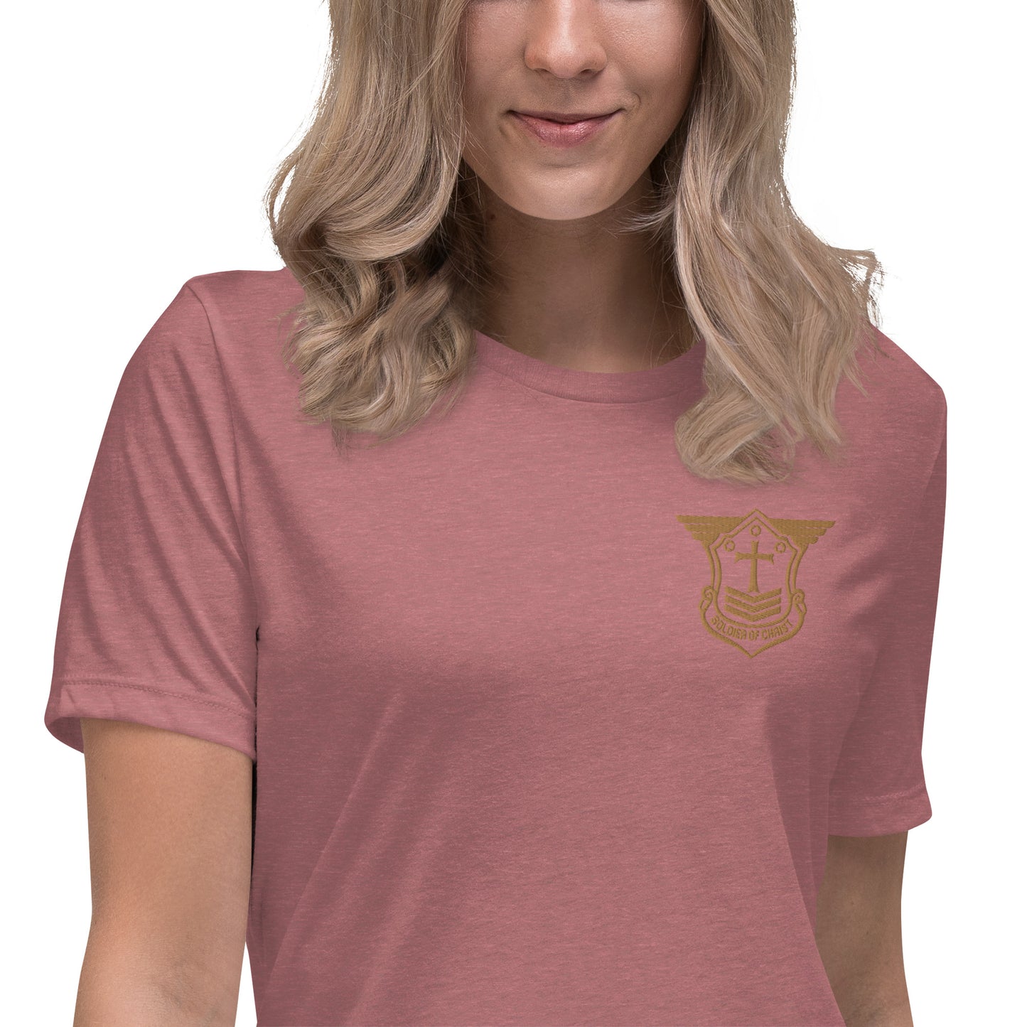 Women's Relaxed T-Shirt with Old Gold Embroidered Soldier of Christ Emblem