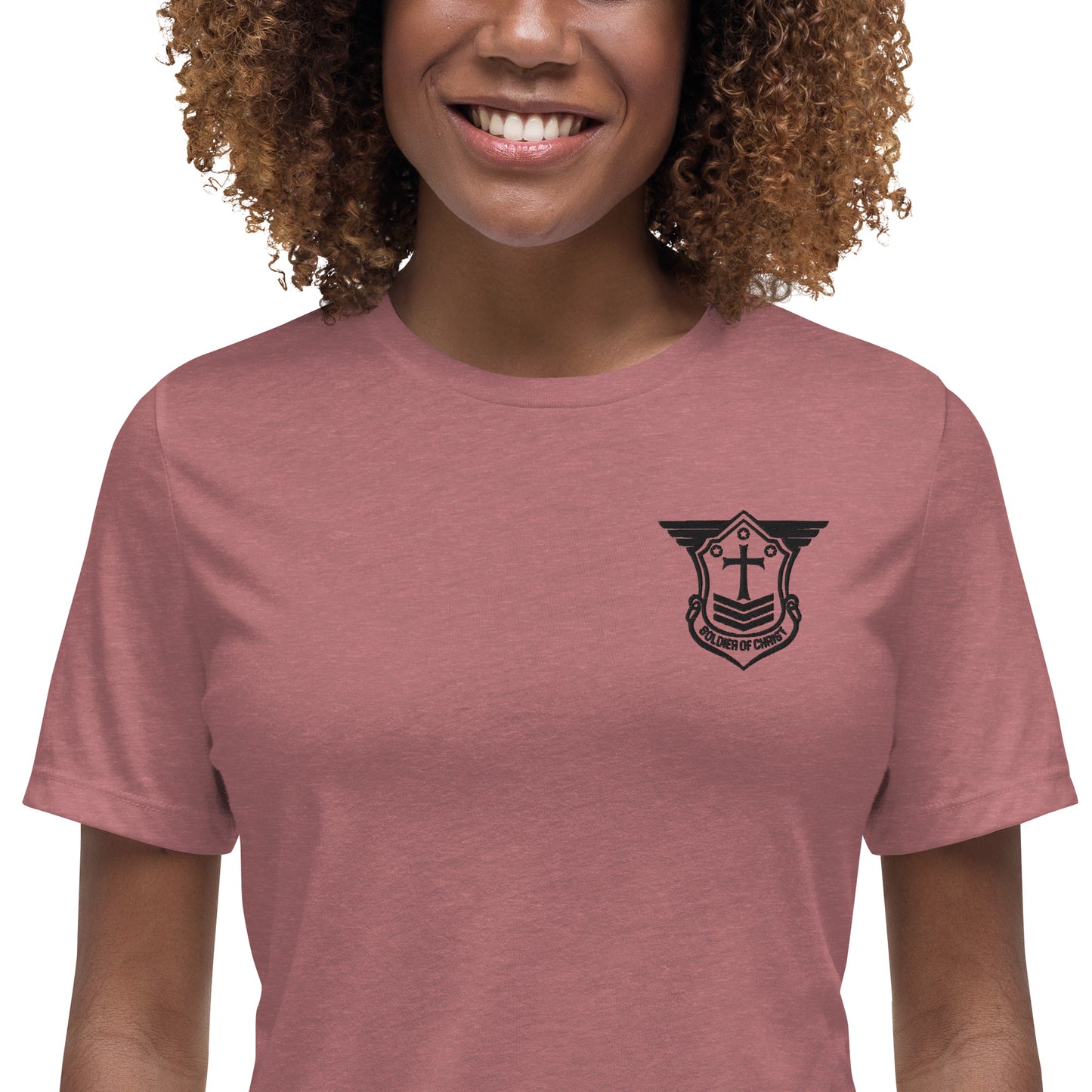 Women's Relaxed T-Shirt with Black Embroidered Soldier of Christ Emblem