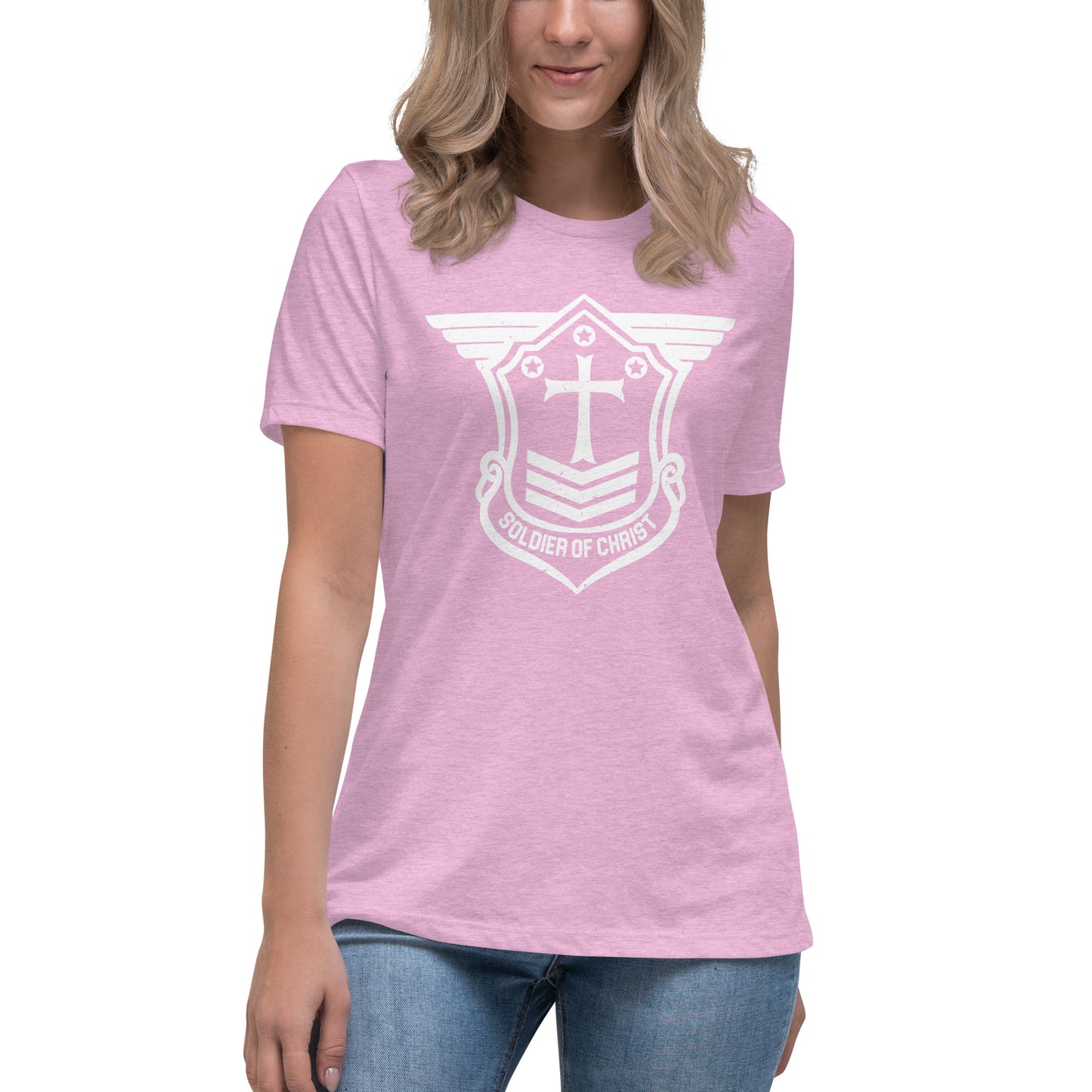 Women's Relaxed T-Shirt with White Soldier of Christ Emblem Front