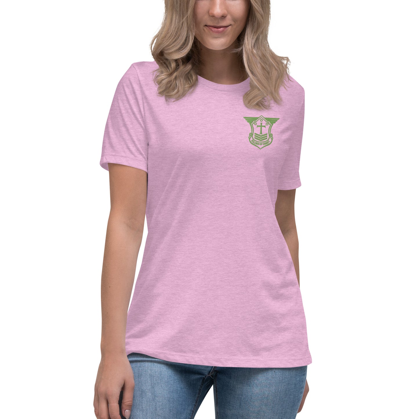 Women's Relaxed T-Shirt with Kiwi Green Embroidered Soldier of Christ Emblem