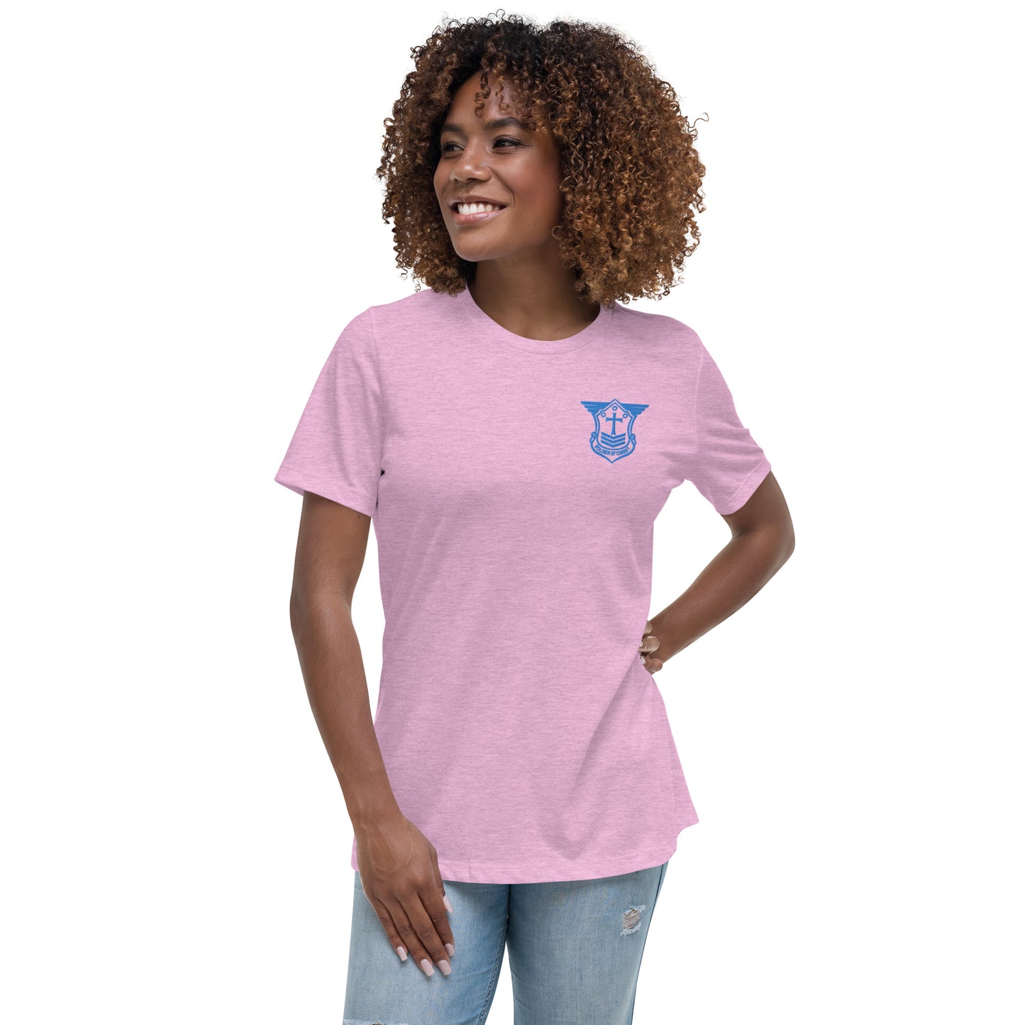 Women's Relaxed T-Shirt with Aqua Teal Embroidered Soldier of Christ Emblem