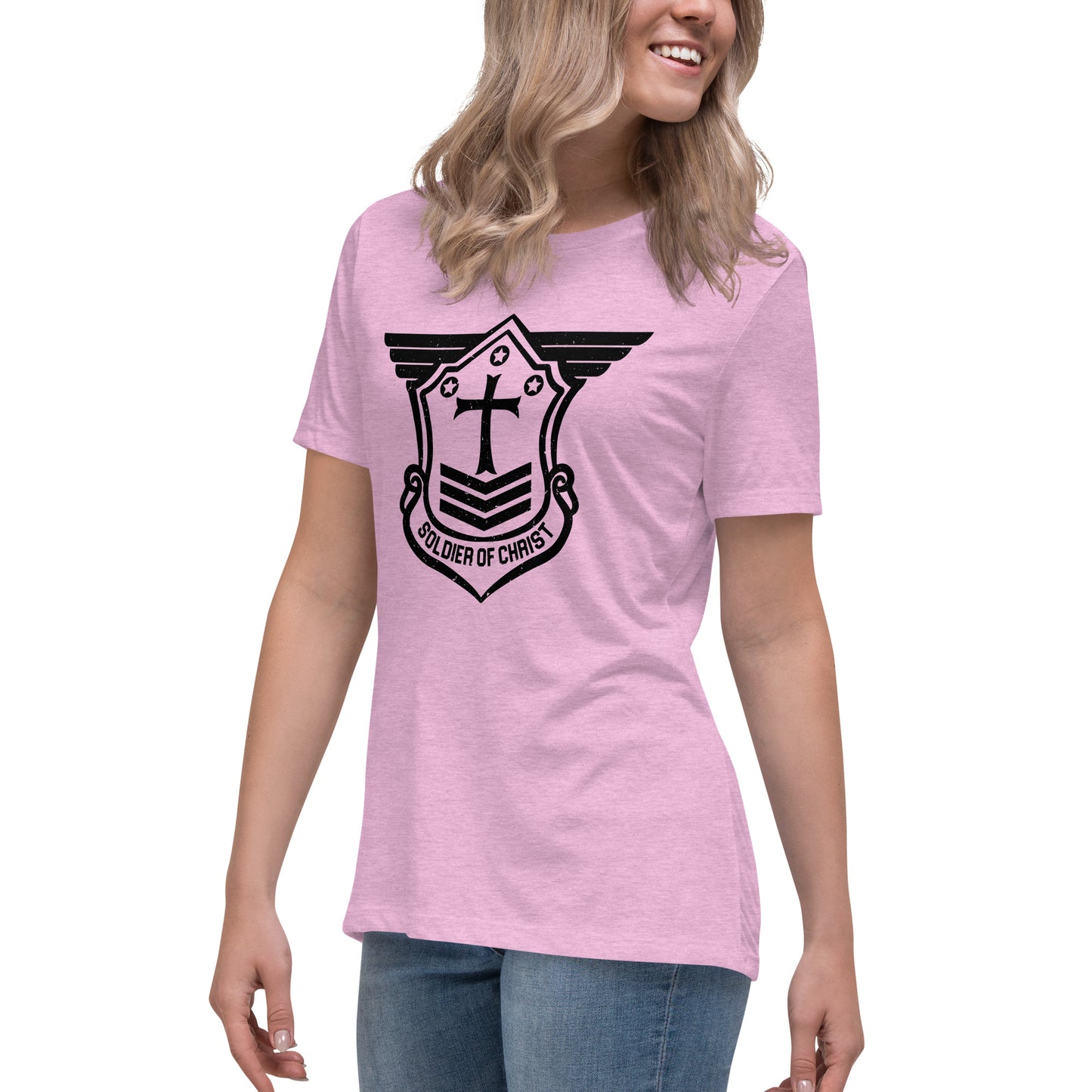 Women's Relaxed T-Shirt with Black Soldier of Christ Emblem Front