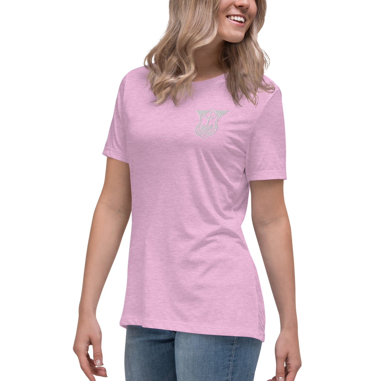 Women's Relaxed T-Shirt with White Embroidered Soldier of Christ Emblem