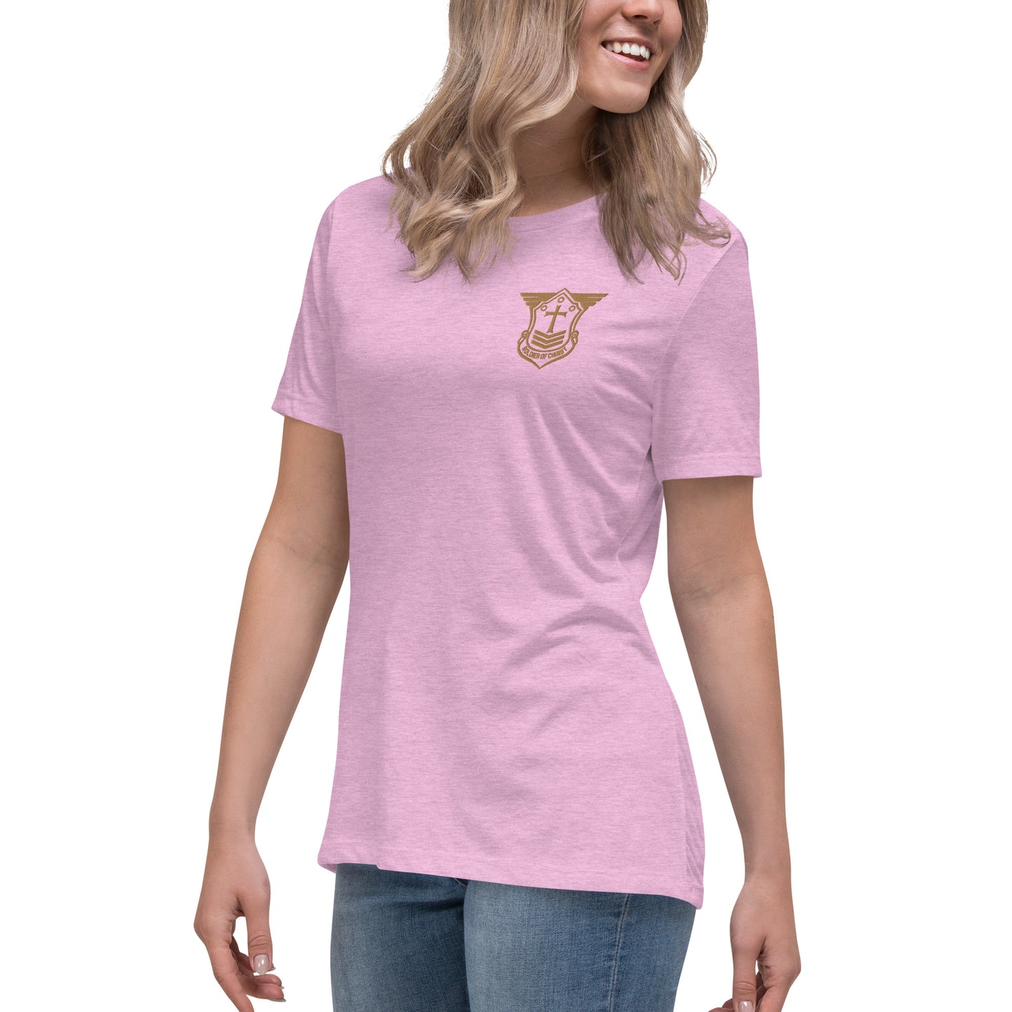 Women's Relaxed T-Shirt with Old Gold Embroidered Soldier of Christ Emblem