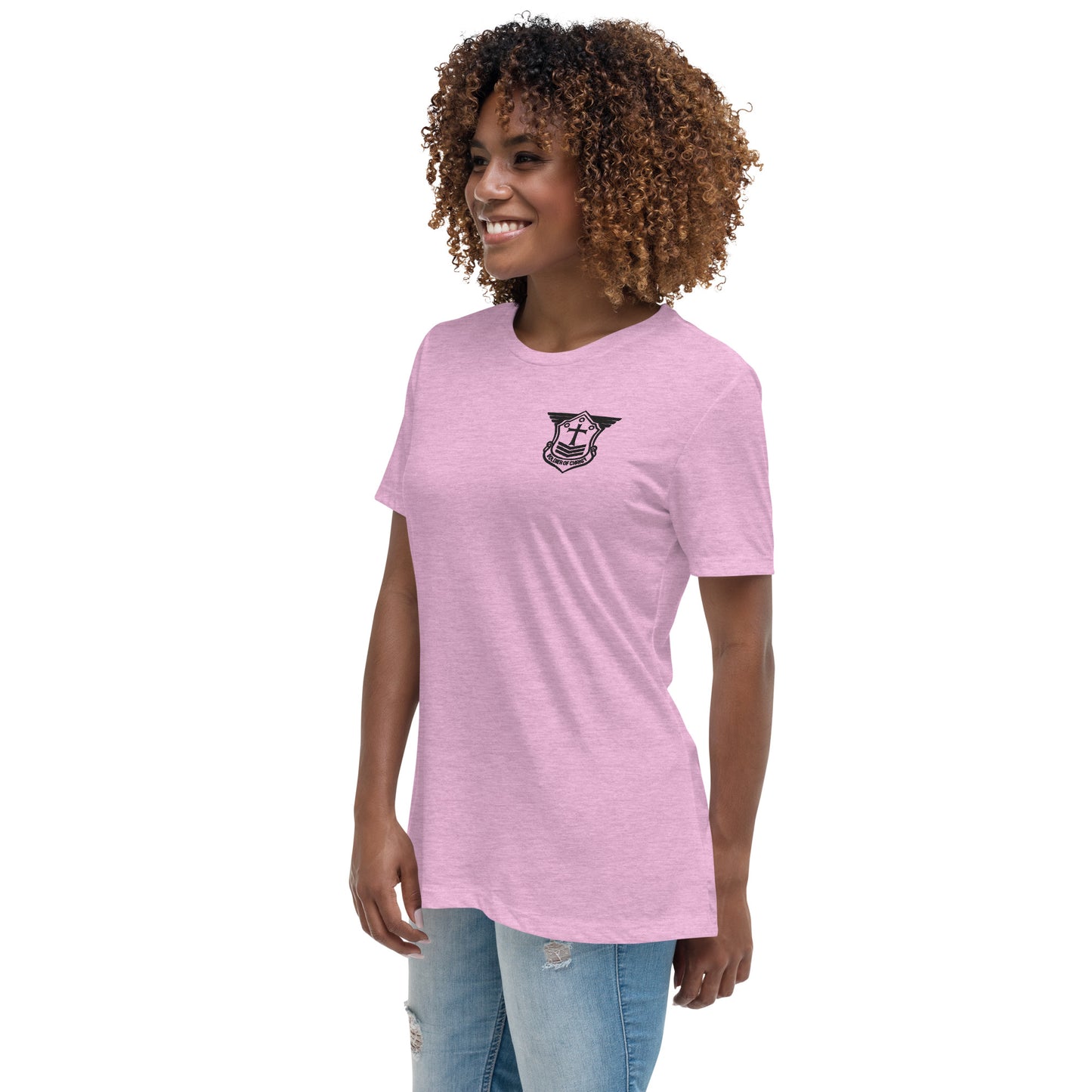 Women's Relaxed T-Shirt with Black Embroidered Soldier of Christ Emblem