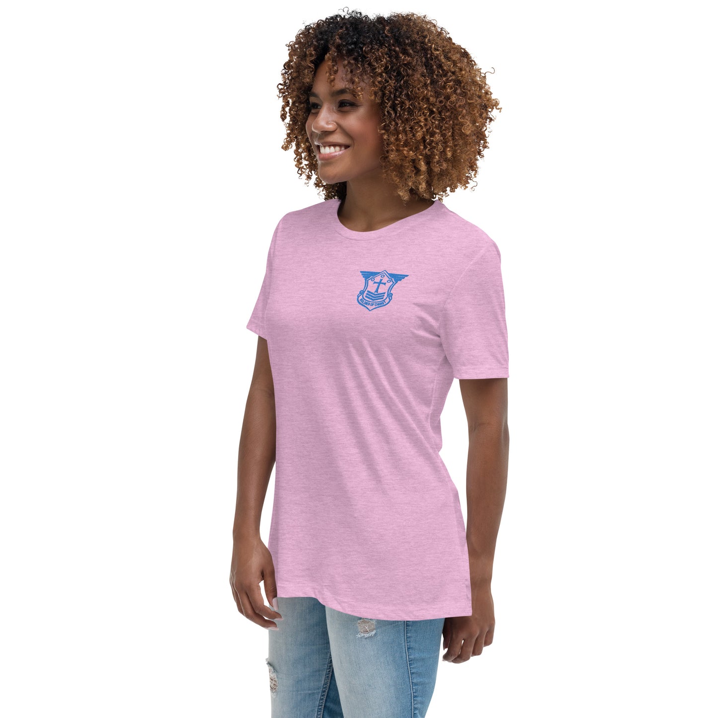 Women's Relaxed T-Shirt with Aqua Teal Embroidered Soldier of Christ Emblem