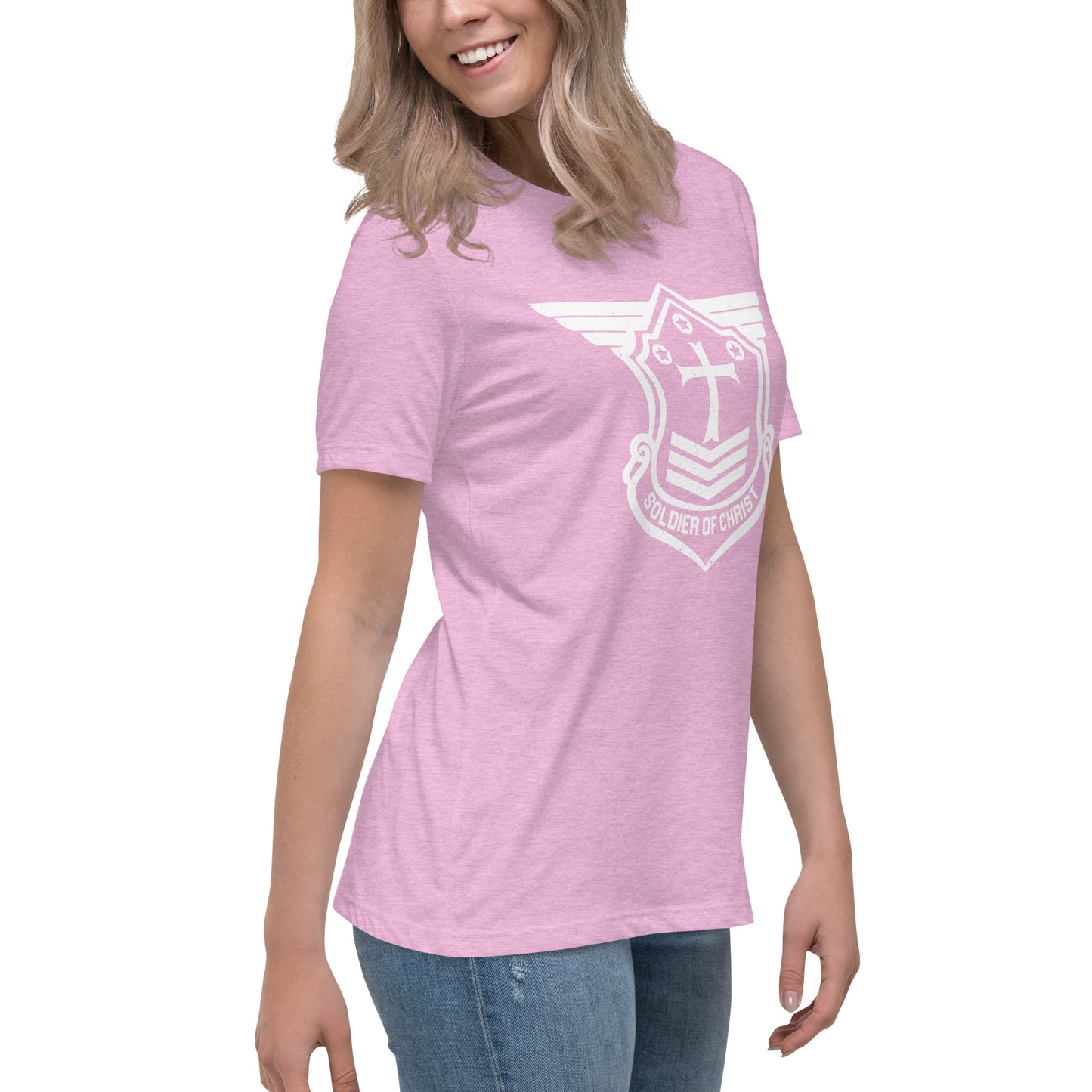 Women's Relaxed T-Shirt with White Soldier of Christ Emblem Front