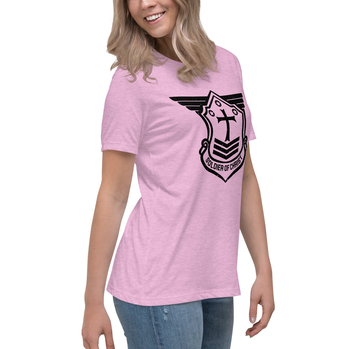 Women's Relaxed T-Shirt with Black Soldier of Christ Emblem Front