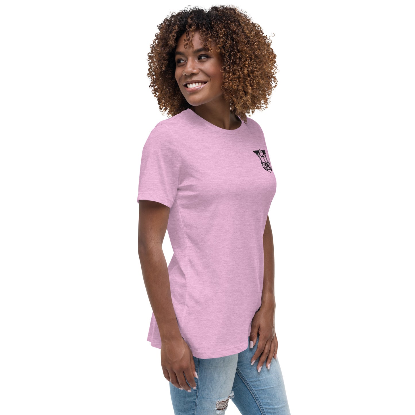 Women's Relaxed T-Shirt with Black Embroidered Soldier of Christ Emblem