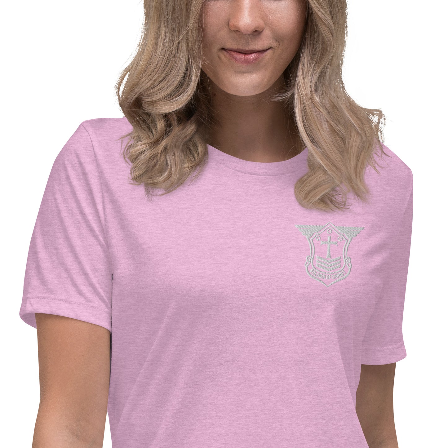 Women's Relaxed T-Shirt with White Embroidered Soldier of Christ Emblem