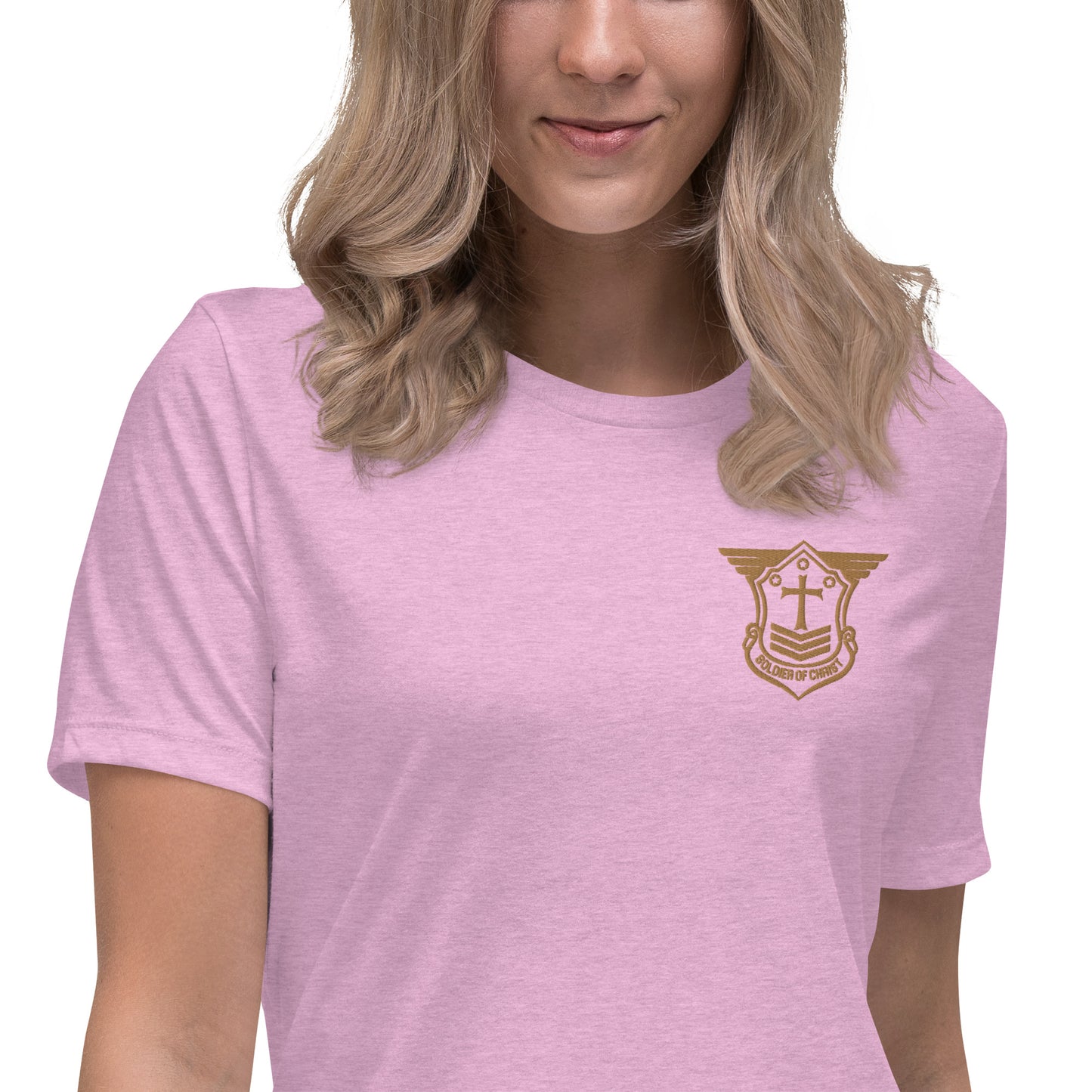 Women's Relaxed T-Shirt with Old Gold Embroidered Soldier of Christ Emblem