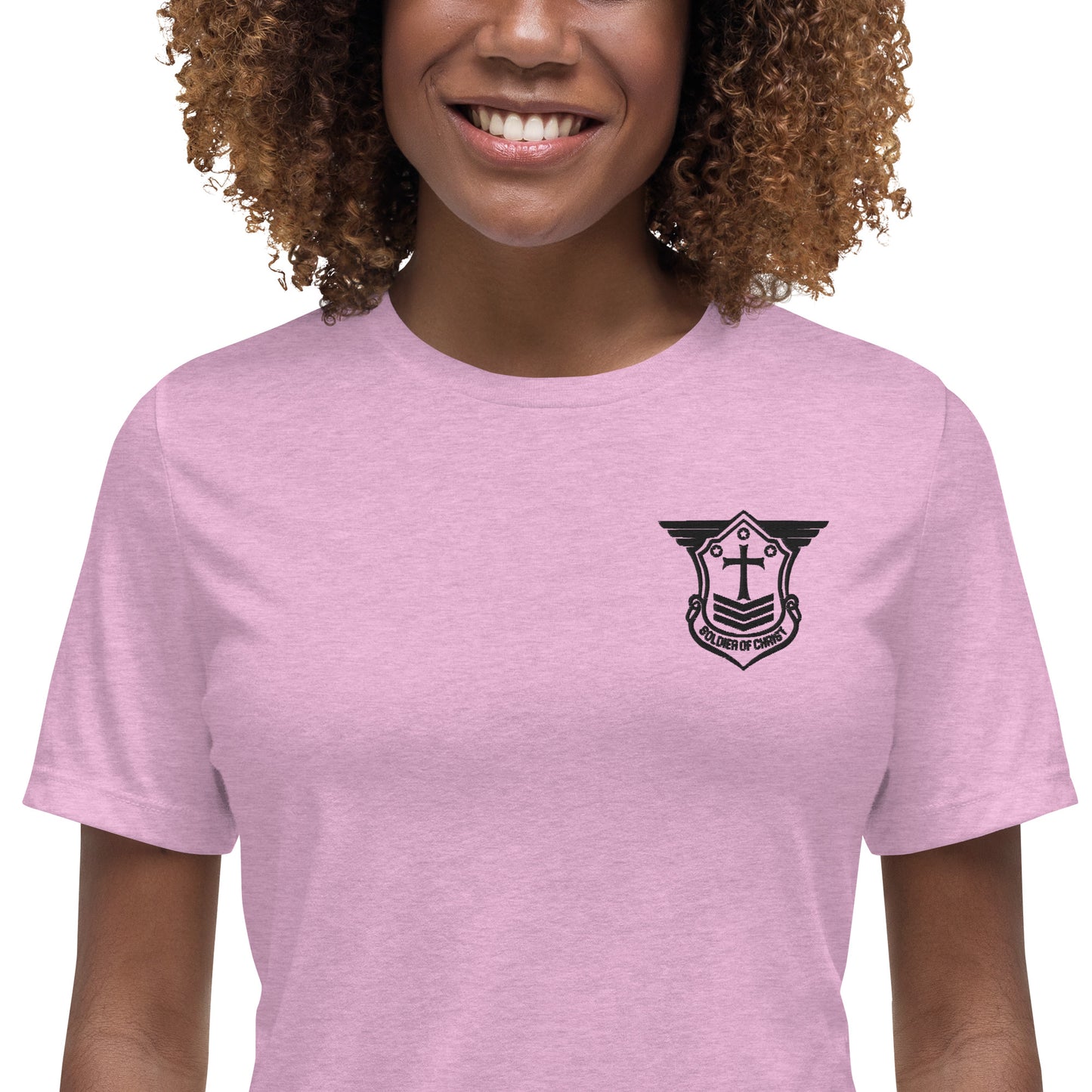 Women's Relaxed T-Shirt with Black Embroidered Soldier of Christ Emblem