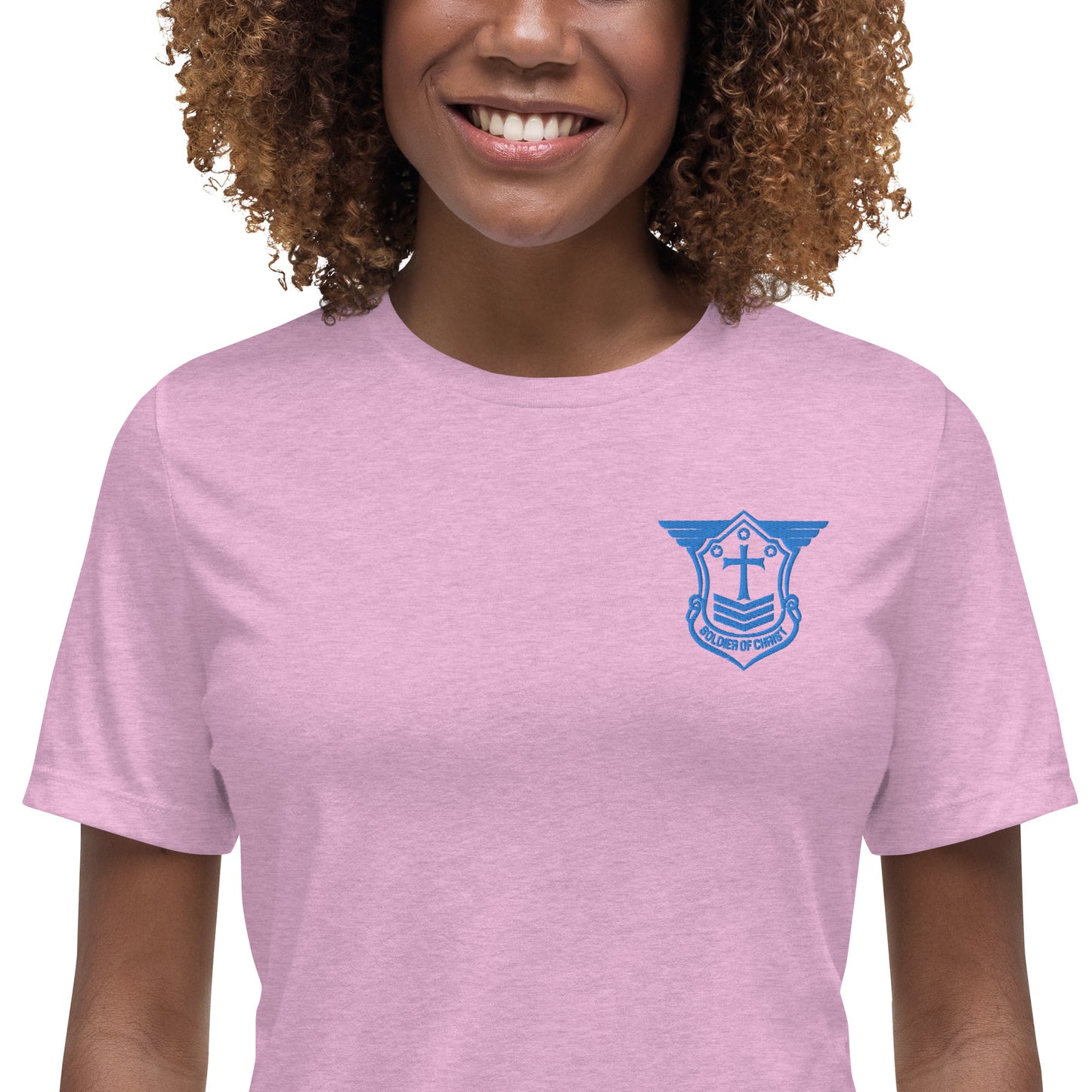 Women's Relaxed T-Shirt with Aqua Teal Embroidered Soldier of Christ Emblem