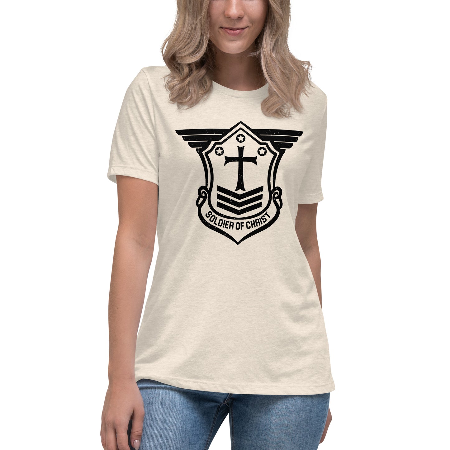 Women's Relaxed T-Shirt with Black Soldier of Christ Emblem Front