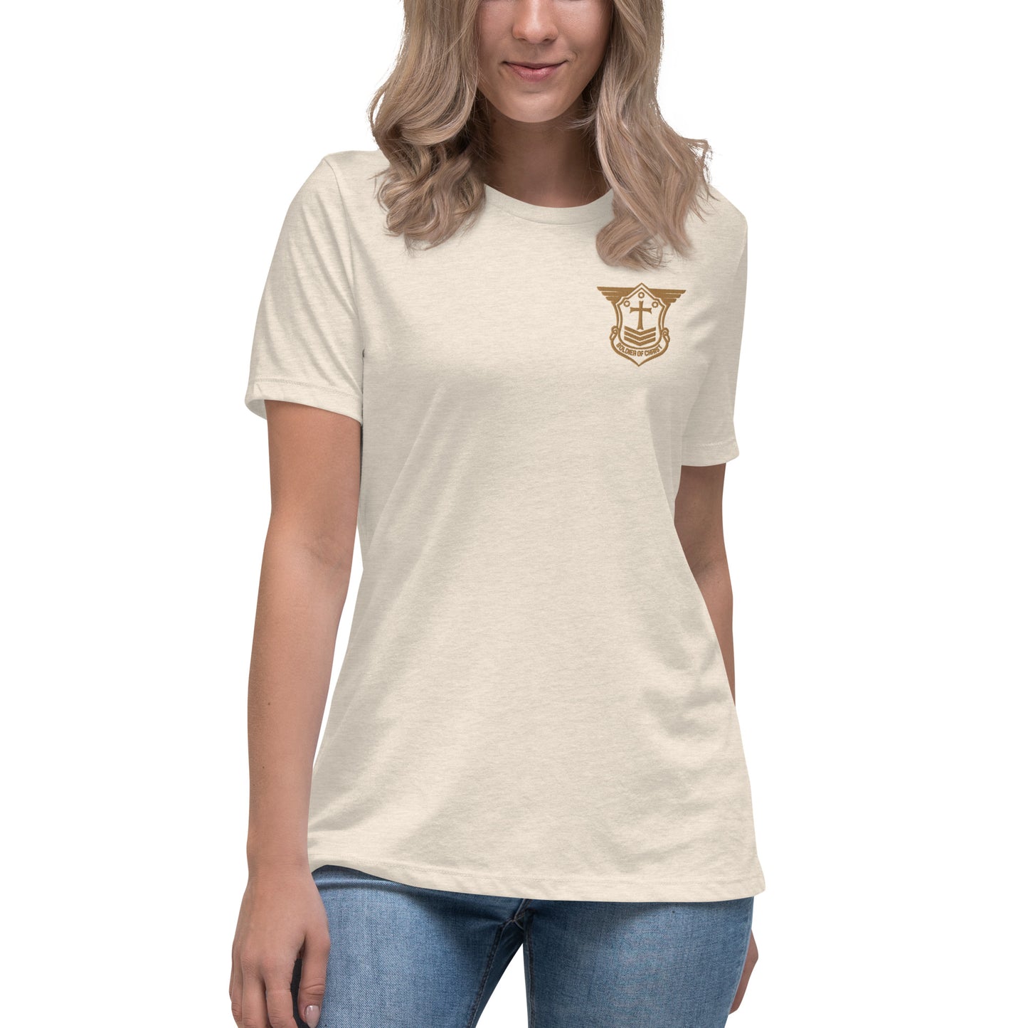 Women's Relaxed T-Shirt with Old Gold Embroidered Soldier of Christ Emblem