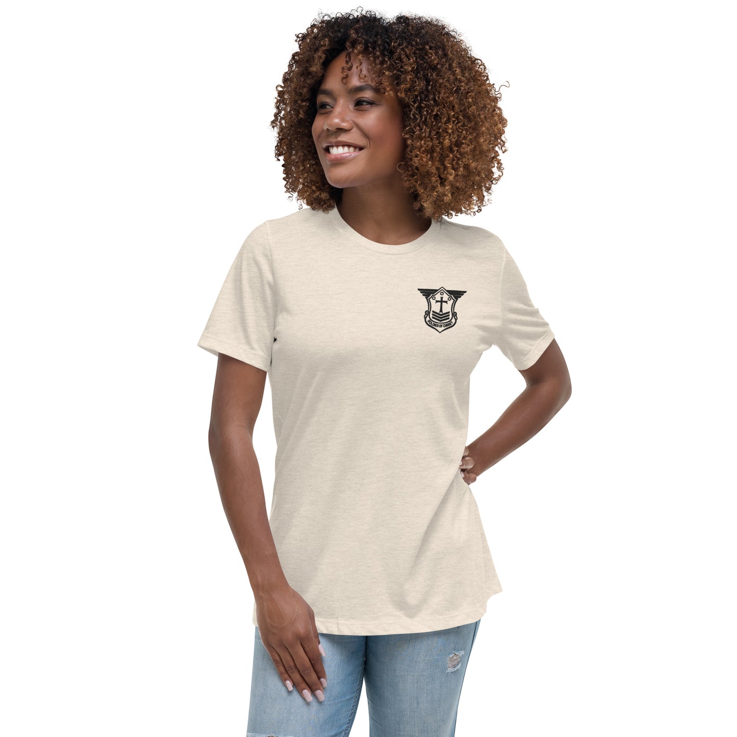 Women's Relaxed T-Shirt with Black Embroidered Soldier of Christ Emblem