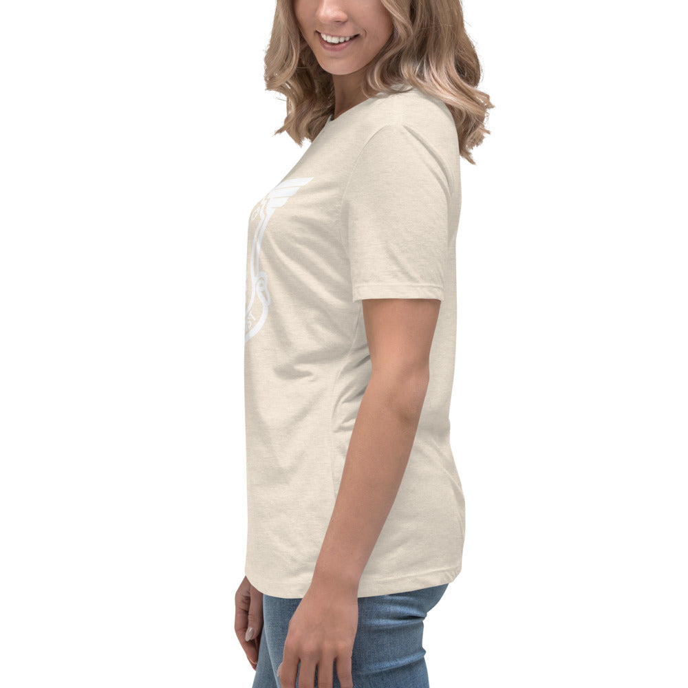 Women's Relaxed T-Shirt with White Soldier of Christ Emblem Front