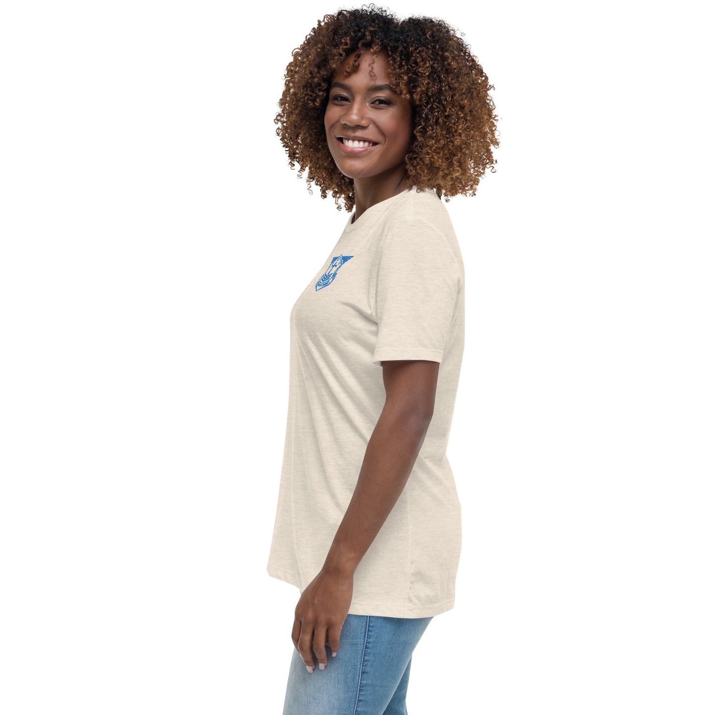 Women's Relaxed T-Shirt with Aqua Teal Embroidered Soldier of Christ Emblem