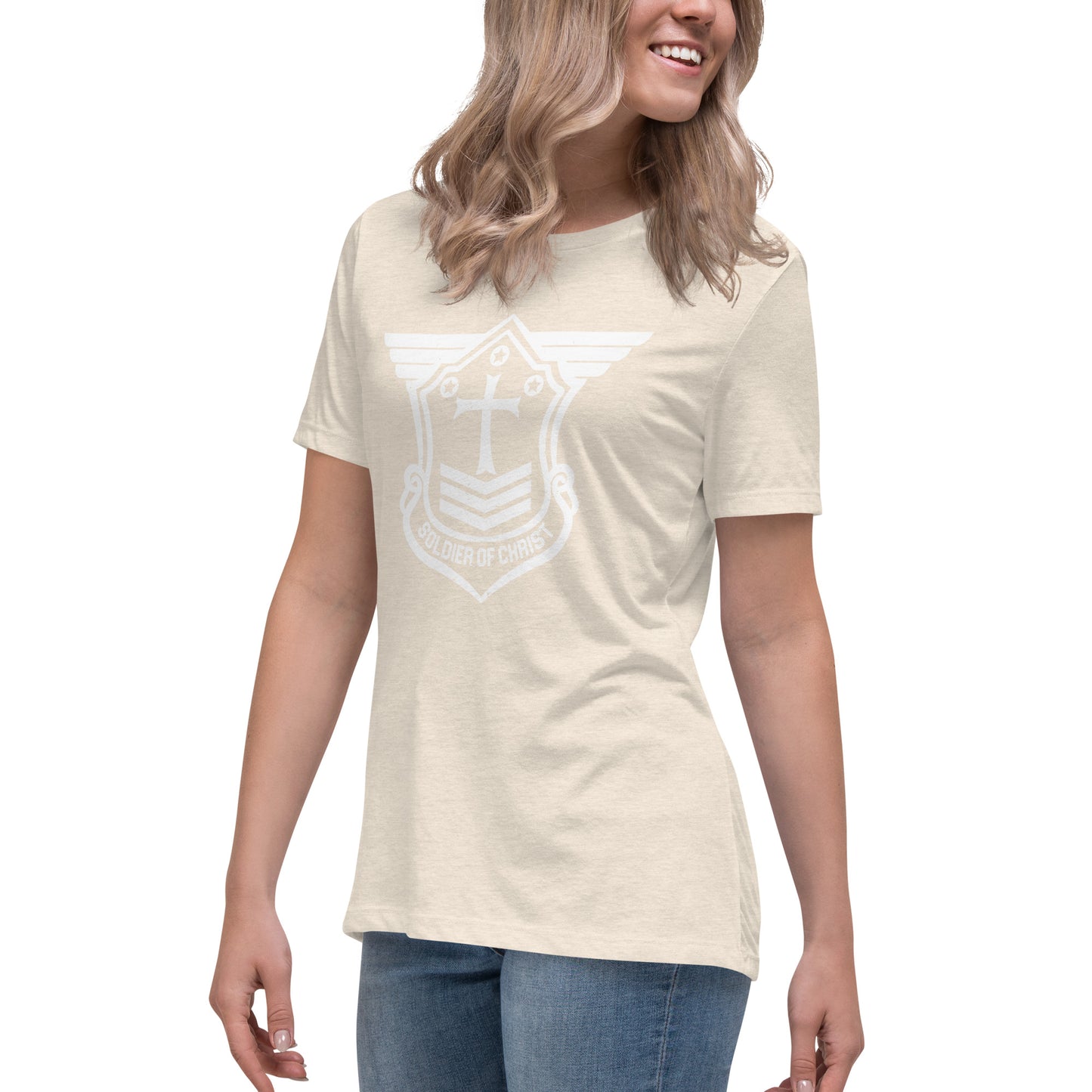 Women's Relaxed T-Shirt with White Soldier of Christ Emblem Front