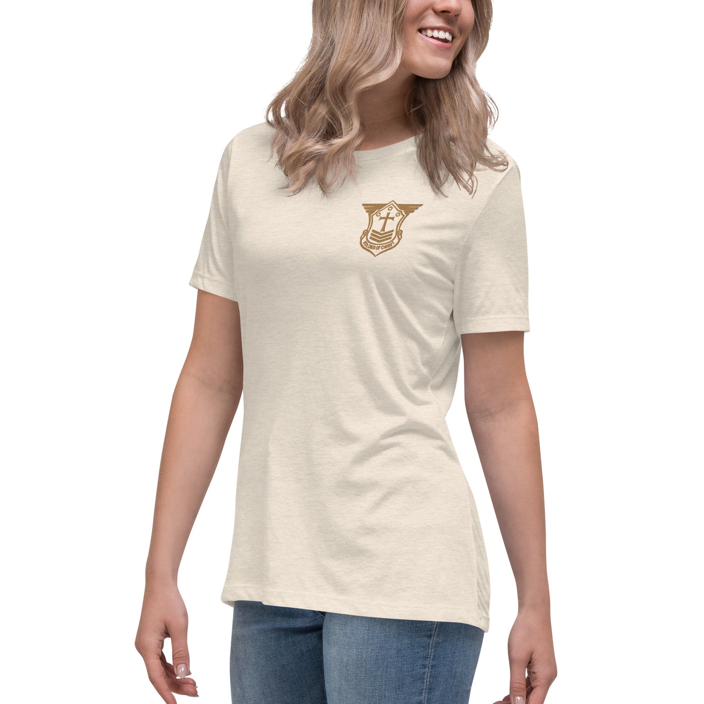 Women's Relaxed T-Shirt with Old Gold Embroidered Soldier of Christ Emblem