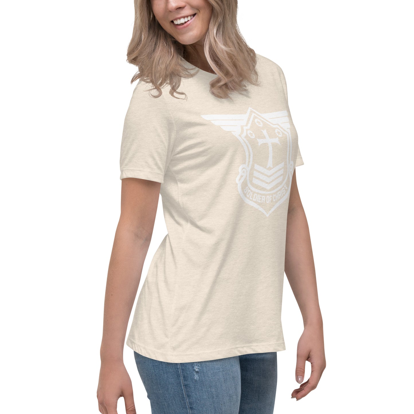 Women's Relaxed T-Shirt with White Soldier of Christ Emblem Front