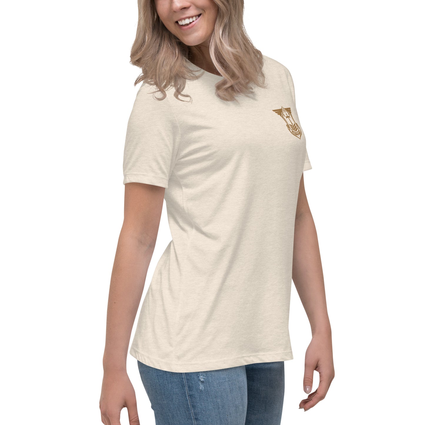 Women's Relaxed T-Shirt with Old Gold Embroidered Soldier of Christ Emblem