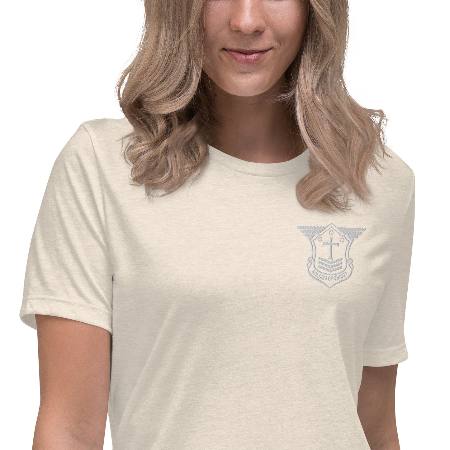 Women's Relaxed T-Shirt with White Embroidered Soldier of Christ Emblem