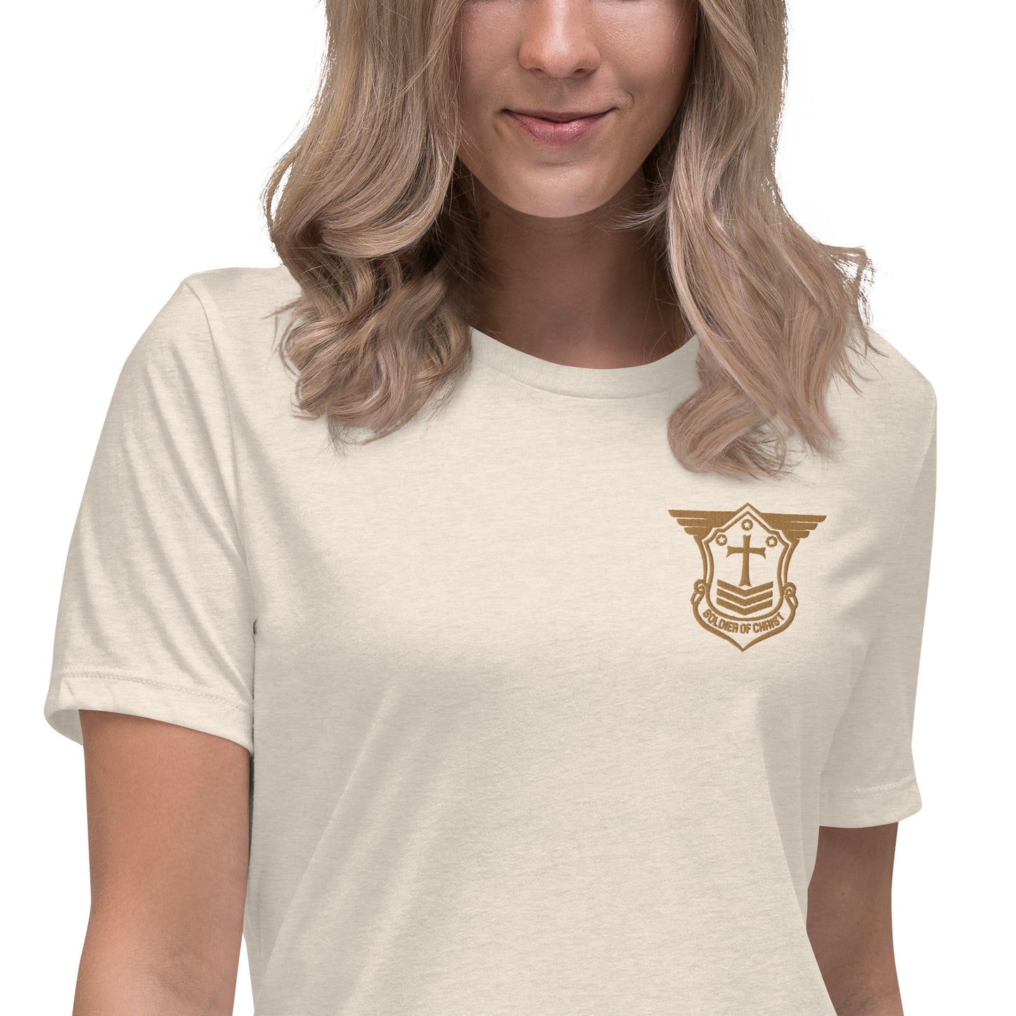 Women's Relaxed T-Shirt with Old Gold Embroidered Soldier of Christ Emblem