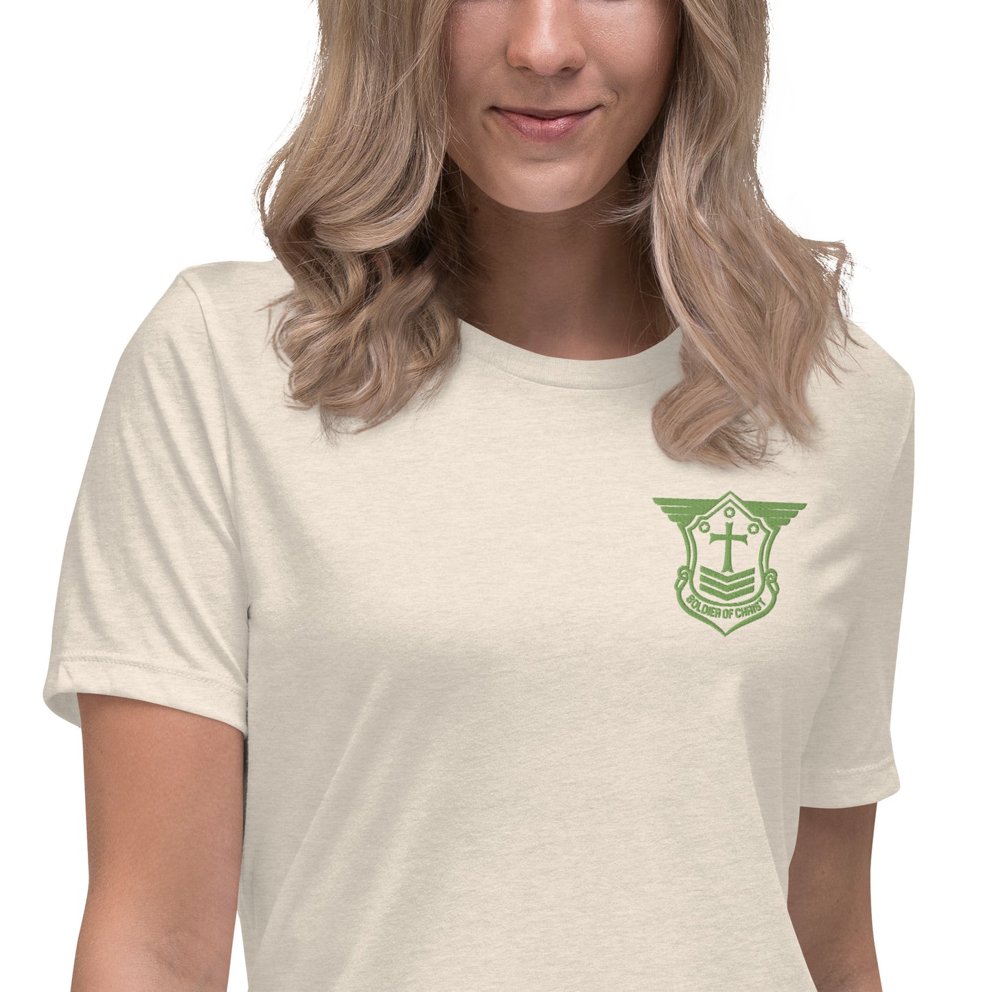 Women's Relaxed T-Shirt with Kiwi Green Embroidered Soldier of Christ Emblem