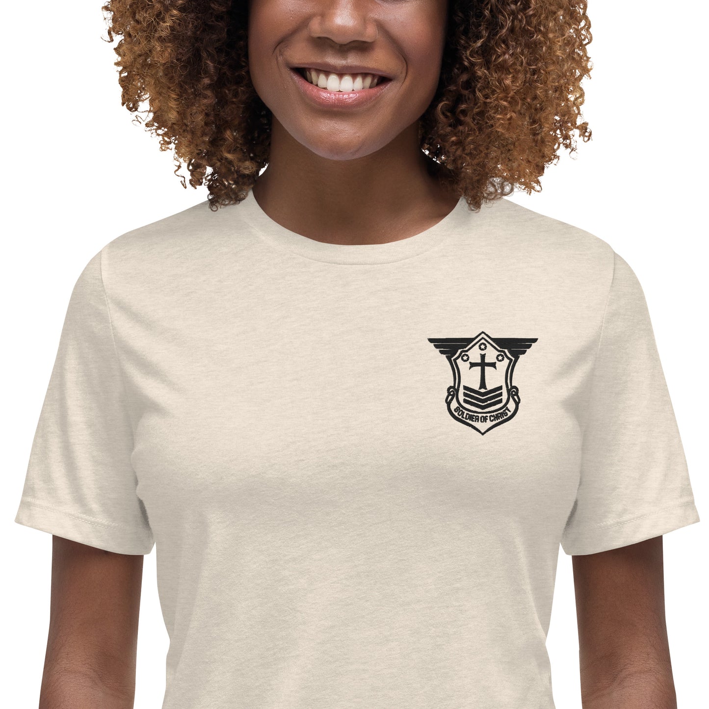 Women's Relaxed T-Shirt with Black Embroidered Soldier of Christ Emblem