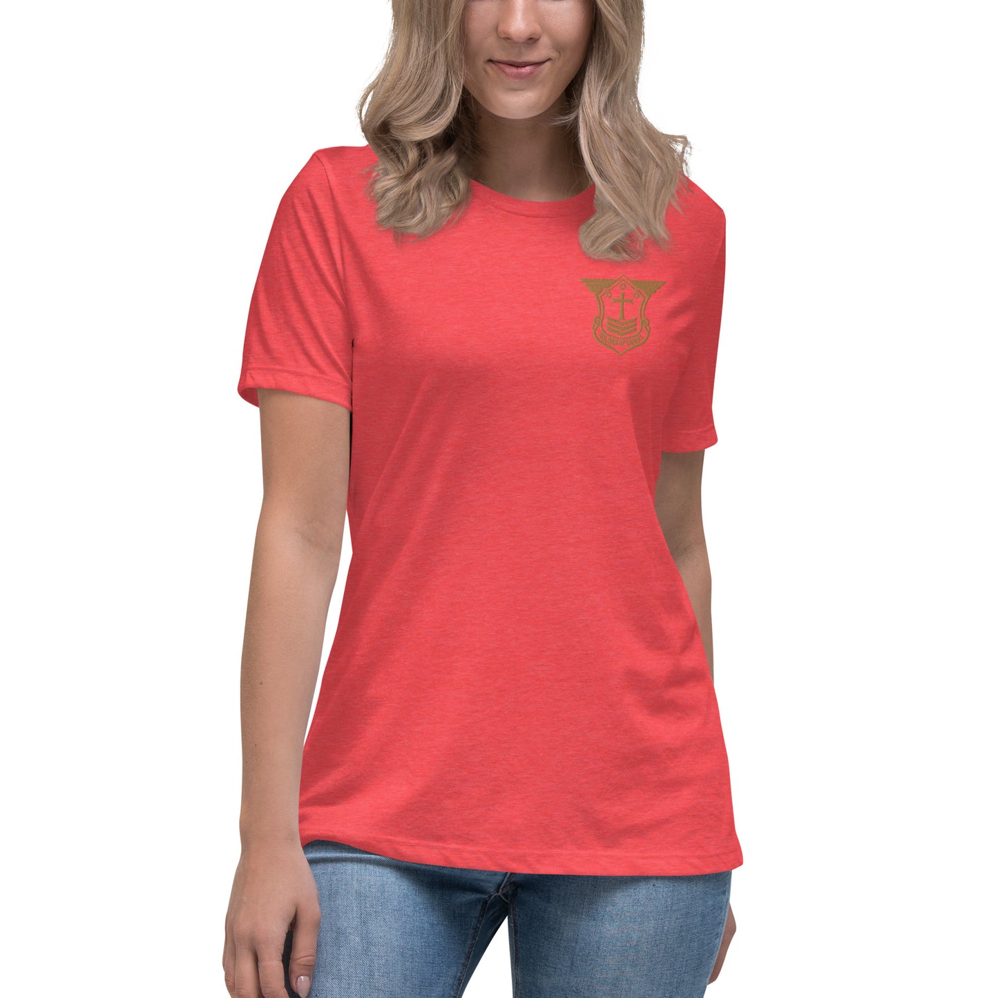 Women's Relaxed T-Shirt with Old Gold Embroidered Soldier of Christ Emblem