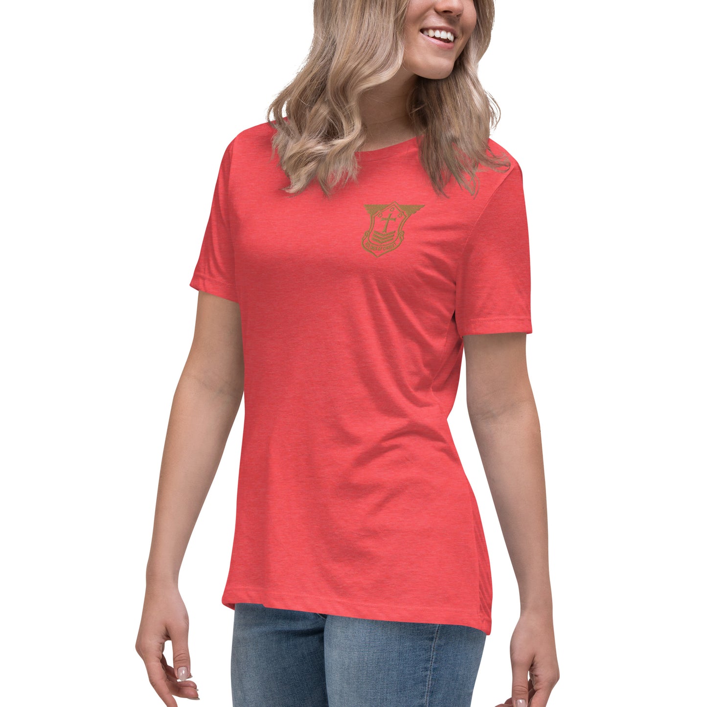 Women's Relaxed T-Shirt with Old Gold Embroidered Soldier of Christ Emblem