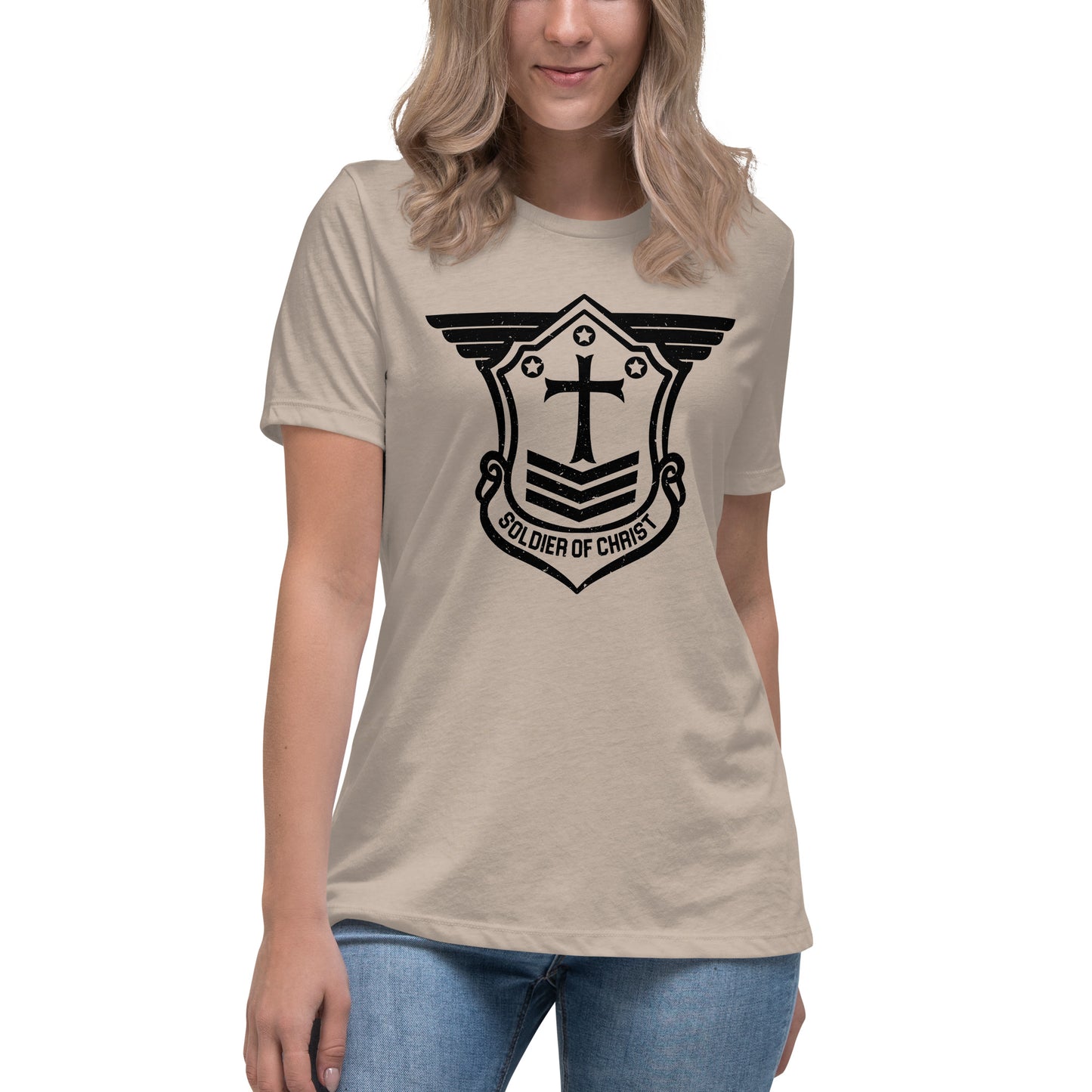 Women's Relaxed T-Shirt with Black Soldier of Christ Emblem Front