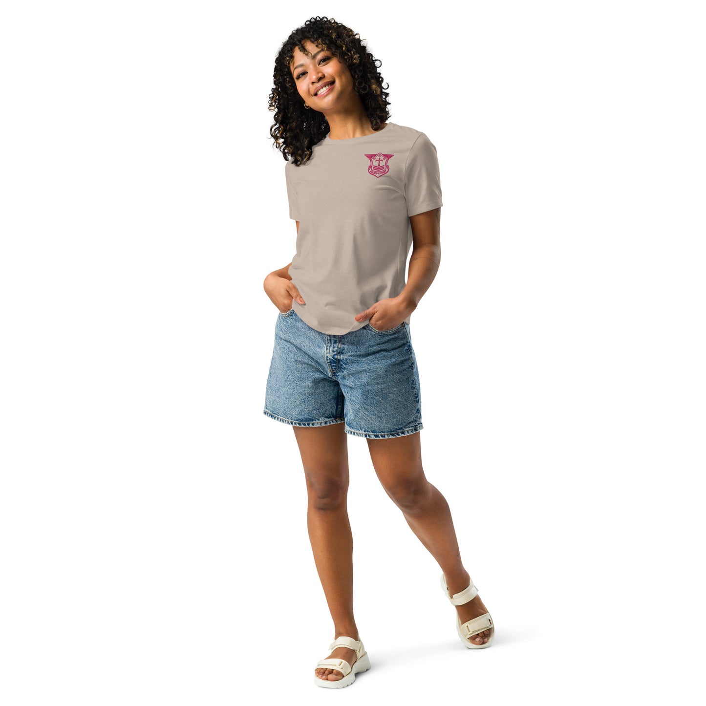 Women's Relaxed T-Shirt with Flamingo Embroidered Soldier of Christ Emblem