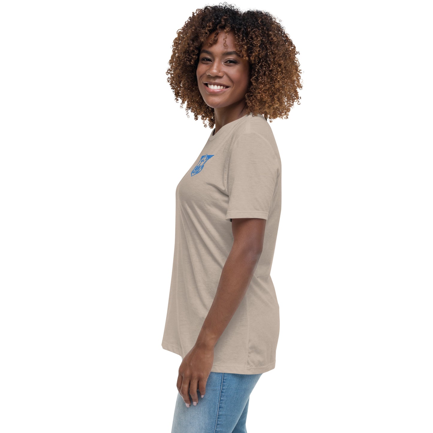 Women's Relaxed T-Shirt with Aqua Teal Embroidered Soldier of Christ Emblem