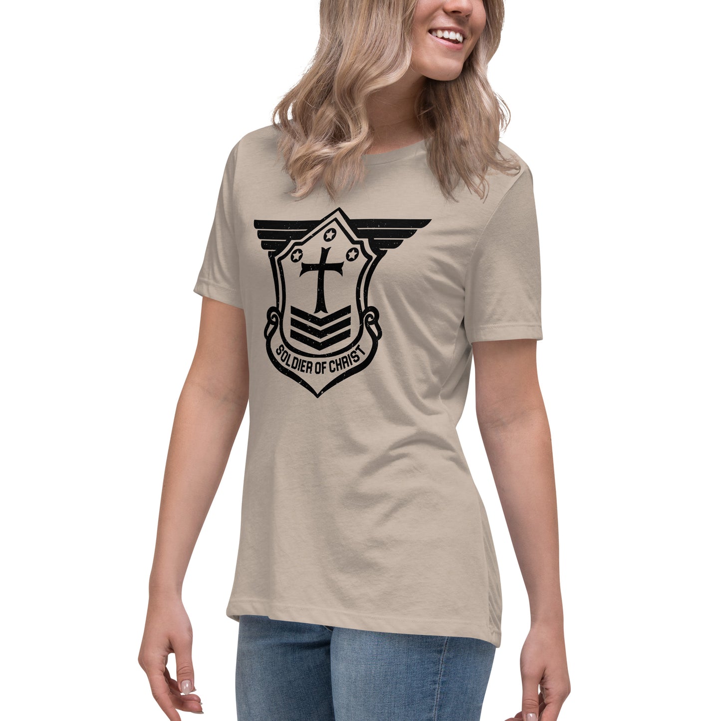 Women's Relaxed T-Shirt with Black Soldier of Christ Emblem Front