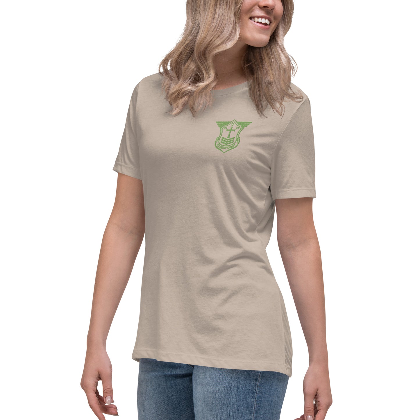 Women's Relaxed T-Shirt with Kiwi Green Embroidered Soldier of Christ Emblem