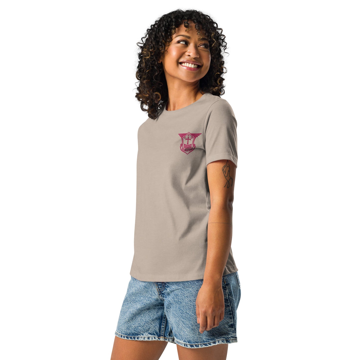 Women's Relaxed T-Shirt with Flamingo Embroidered Soldier of Christ Emblem