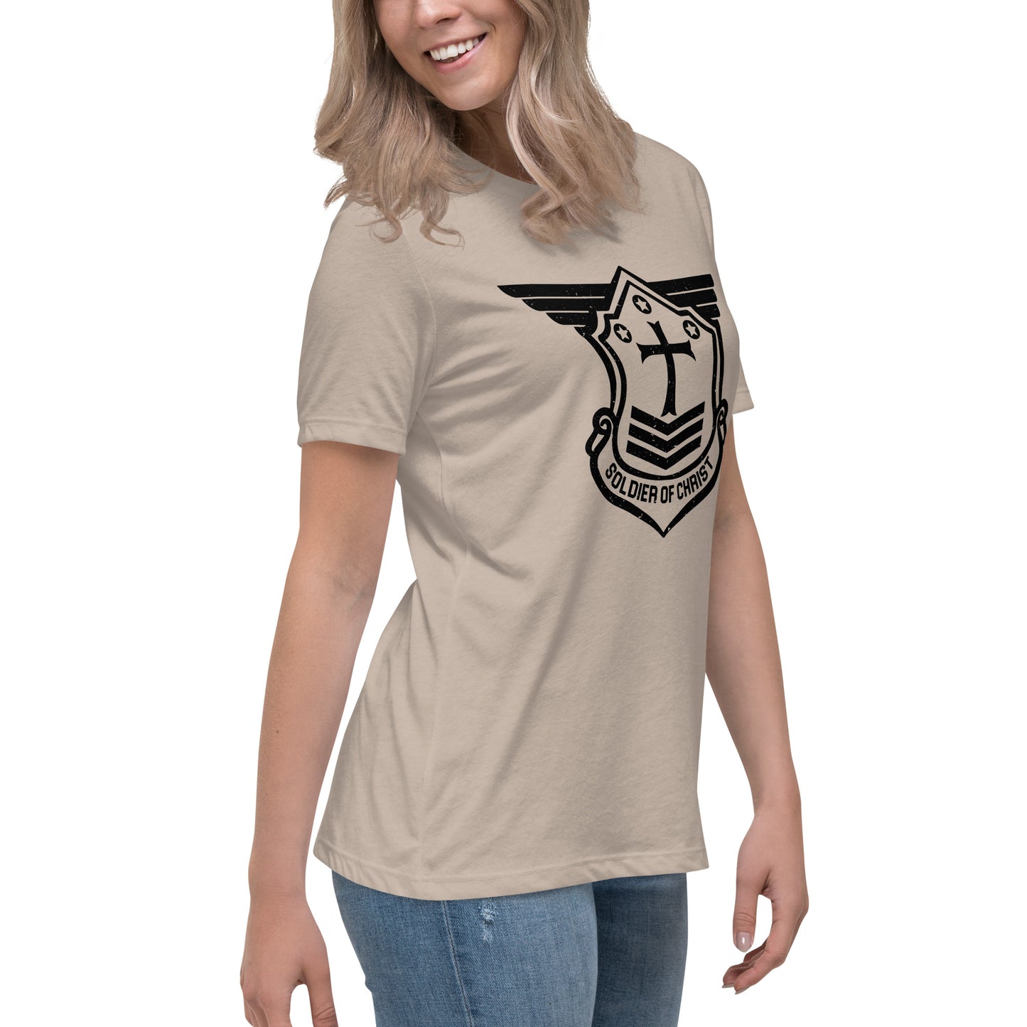 Women's Relaxed T-Shirt with Black Soldier of Christ Emblem Front