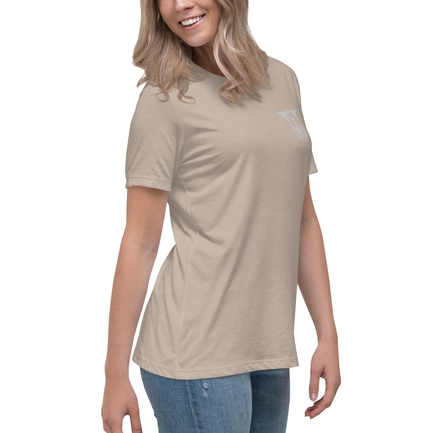 Women's Relaxed T-Shirt with White Embroidered Soldier of Christ Emblem