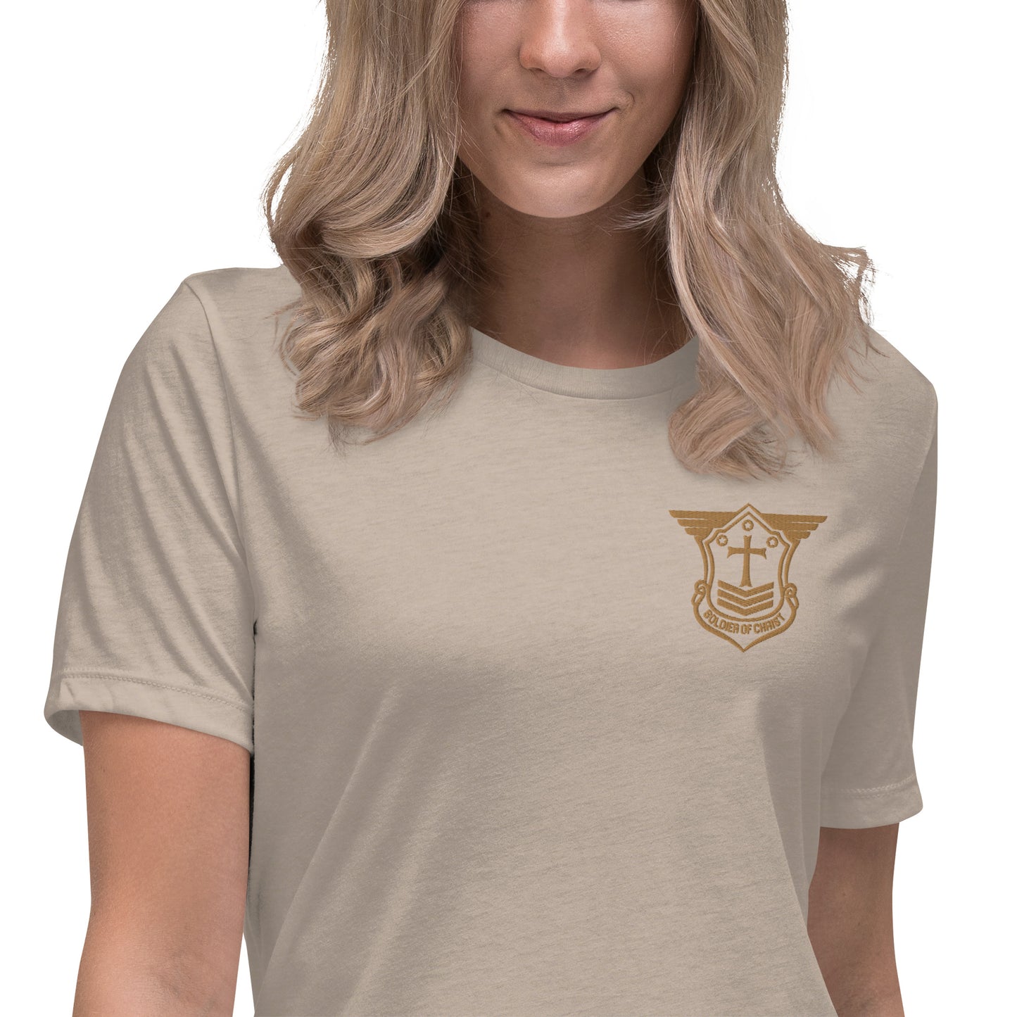 Women's Relaxed T-Shirt with Old Gold Embroidered Soldier of Christ Emblem