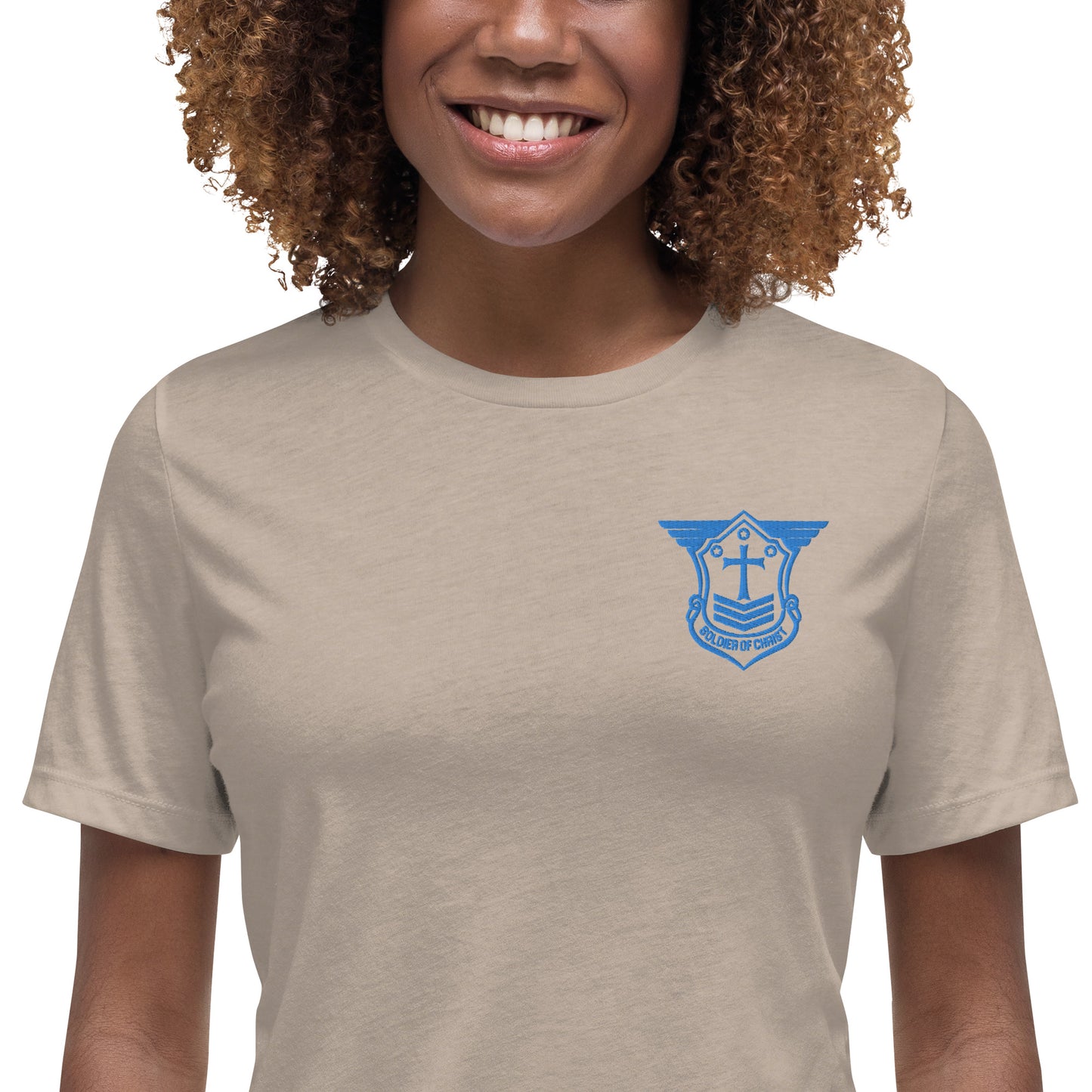 Women's Relaxed T-Shirt with Aqua Teal Embroidered Soldier of Christ Emblem