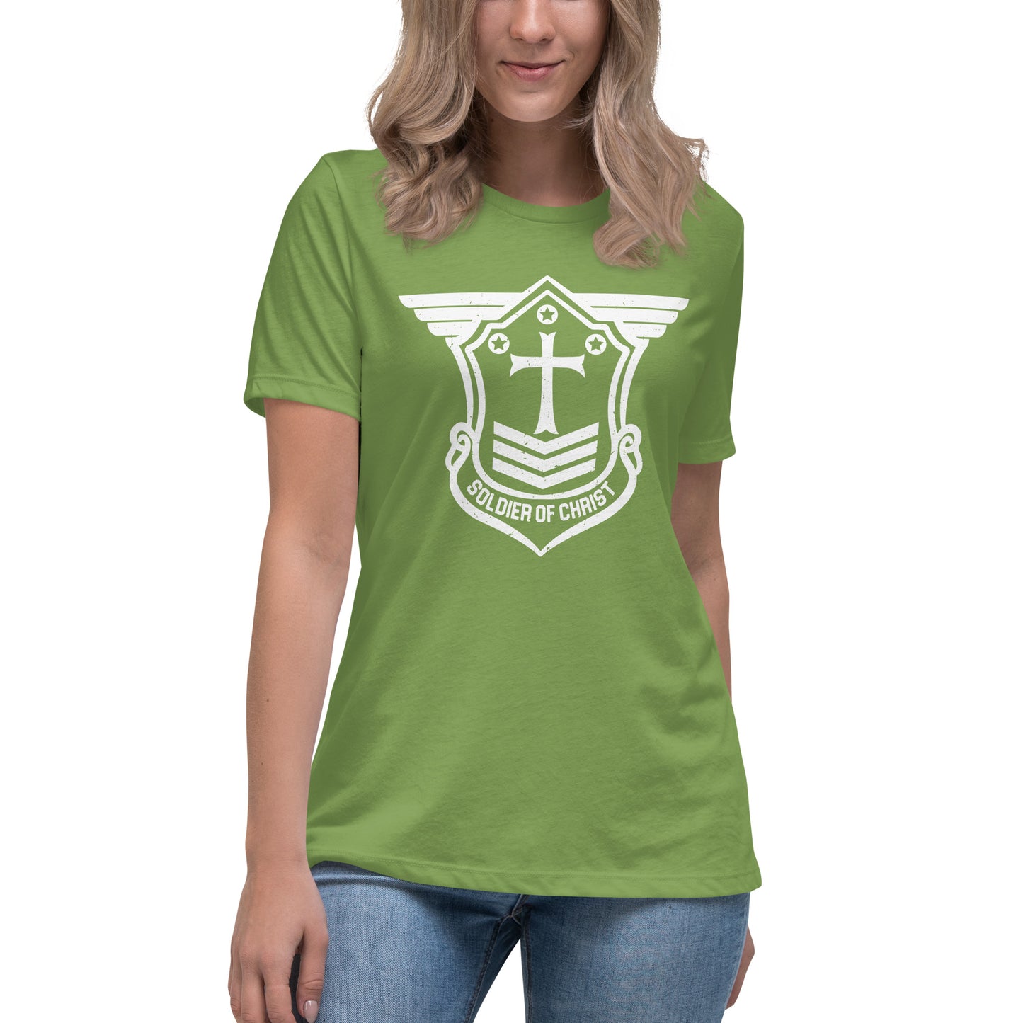 Women's Relaxed T-Shirt with White Soldier of Christ Emblem Front