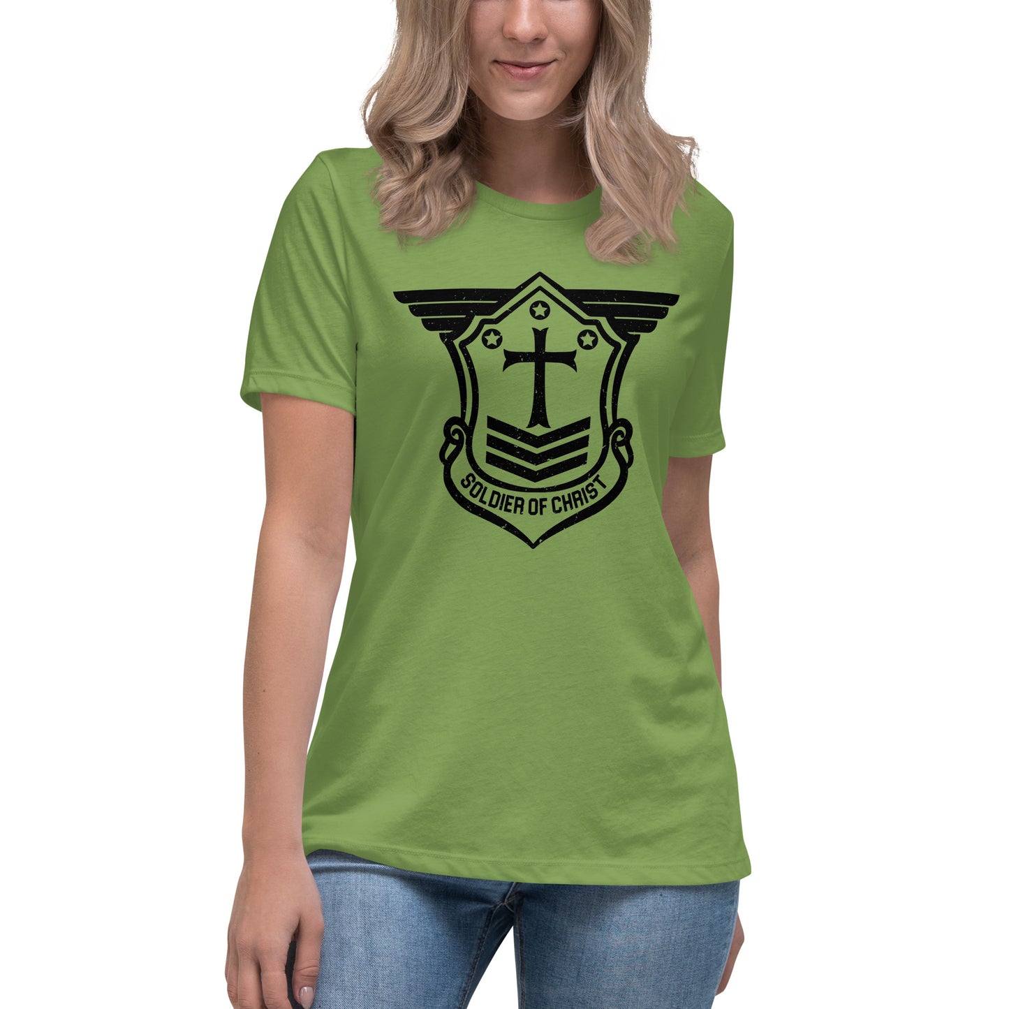 Women's Relaxed T-Shirt with Black Soldier of Christ Emblem Front