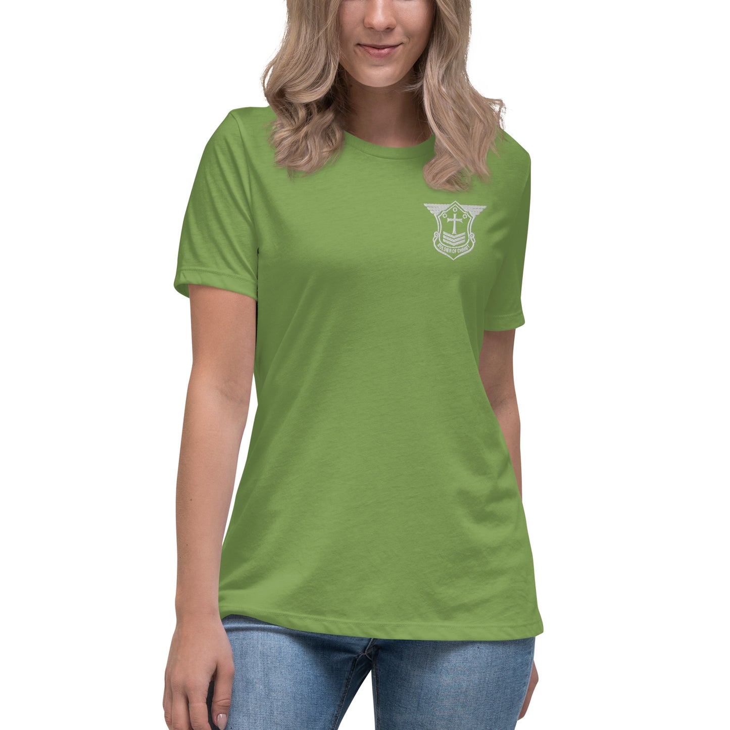 Women's Relaxed T-Shirt with White Embroidered Soldier of Christ Emblem