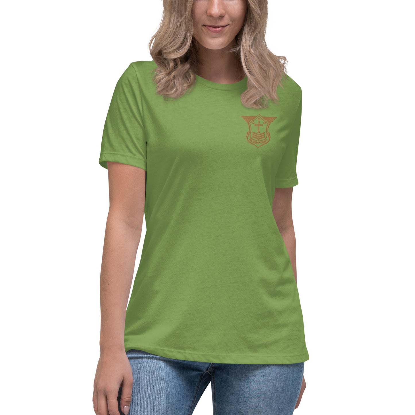 Women's Relaxed T-Shirt with Old Gold Embroidered Soldier of Christ Emblem