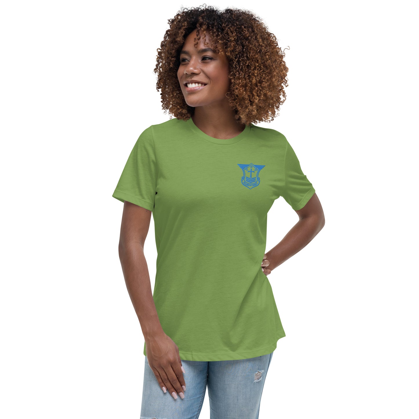 Women's Relaxed T-Shirt with Aqua Teal Embroidered Soldier of Christ Emblem