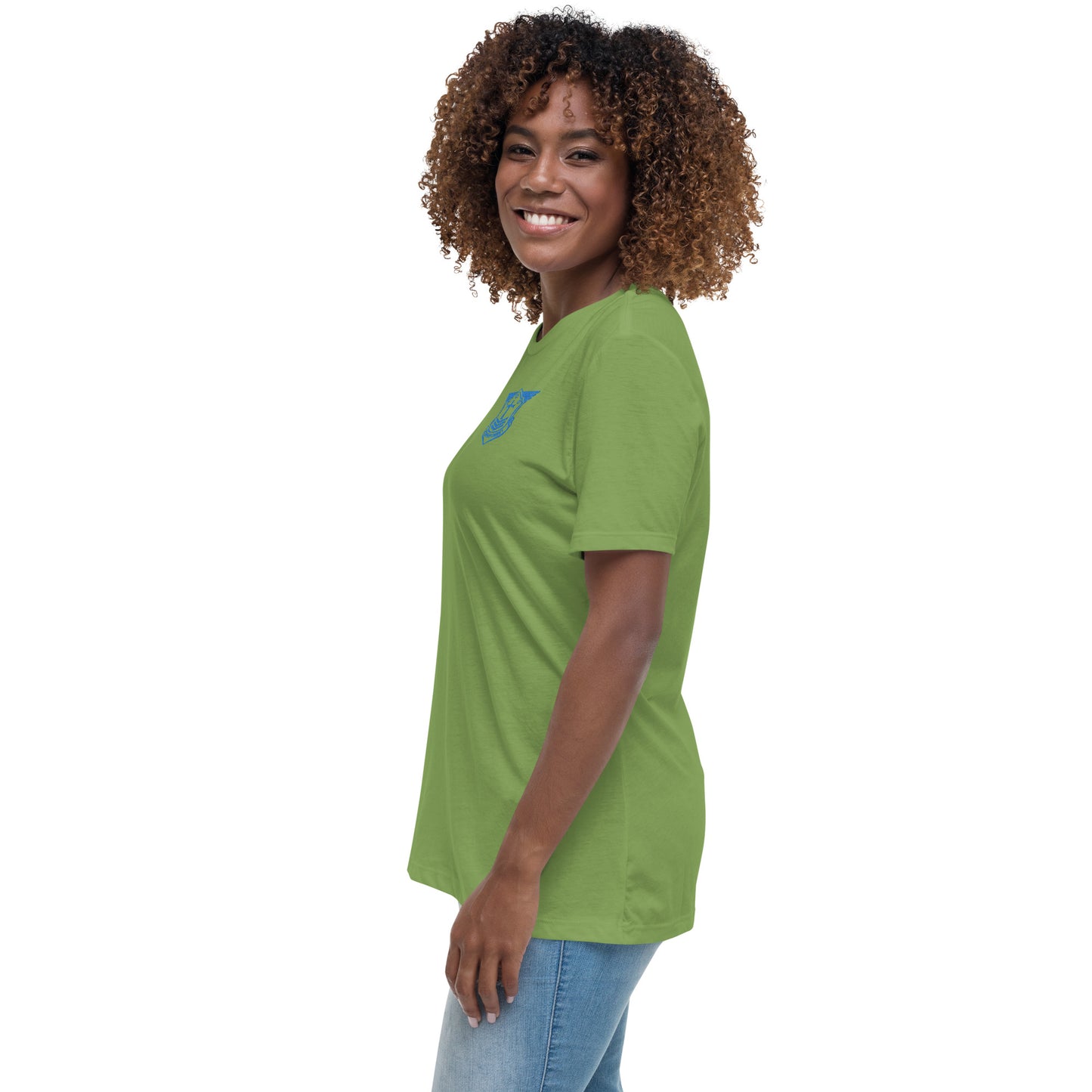 Women's Relaxed T-Shirt with Aqua Teal Embroidered Soldier of Christ Emblem