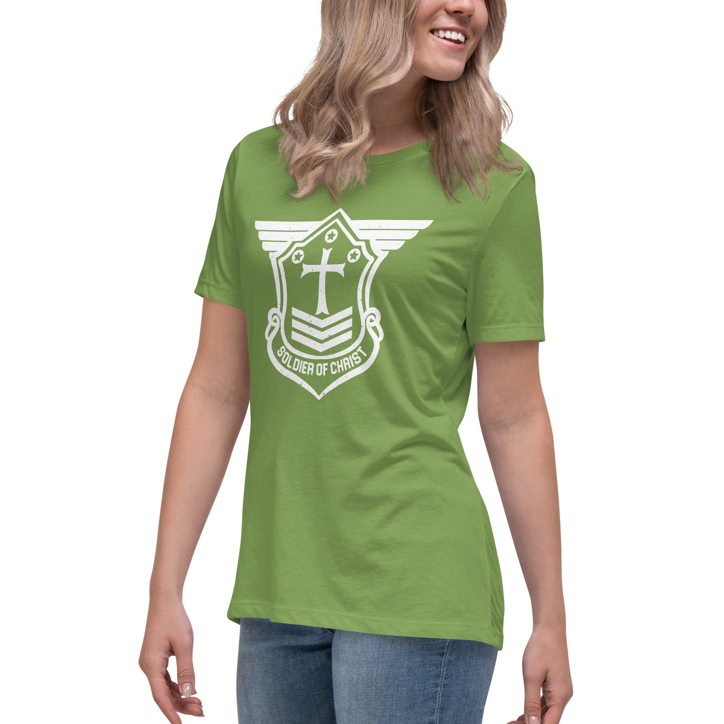 Women's Relaxed T-Shirt with White Soldier of Christ Emblem Front